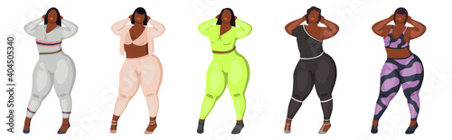 Images of five black women in different clothes with different hairstyles. Designer clothes for body positive.