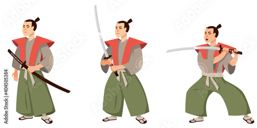 Samurai in different poses. Japan character in cartoon style.
