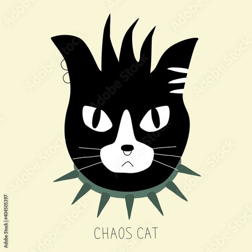 Black and white punk cat with collar. Head of angry black cat with punk hair. "Chaos cat" funny card. Punk rock cat cartoon. 