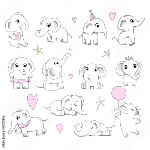 Cute baby elephant. Newborn animals sitting and playing neoteric vector elephants collection. Illustration elephant newborn, animal with heart or balloon