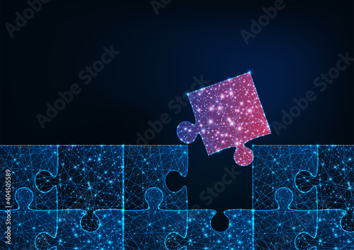 Futuristic glowing low polygonal blue jigsaw puzzle game with one red matching missing piece.