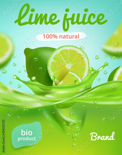 Lime juice poster. Ads placard with fresh fruits and juice splashes healthy liquid products tonic or mojito vector realistic illustrations. Lime juice, tropical juicy fruit, citrus vitamin advertising