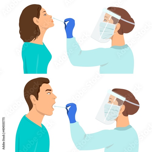 Coronavirus testing carried out by a medical professional, worker, doctor or nurse. Patients receiving a Corona test. Cotton swab for saliva kit. Laboratory research Covid 19. Lab examination isolated