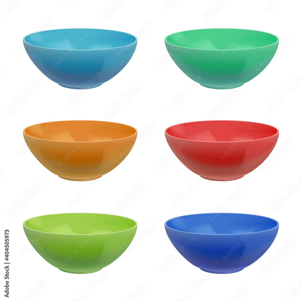 Empty bowls. Kitchen colored ceramic plates decent vector realistic