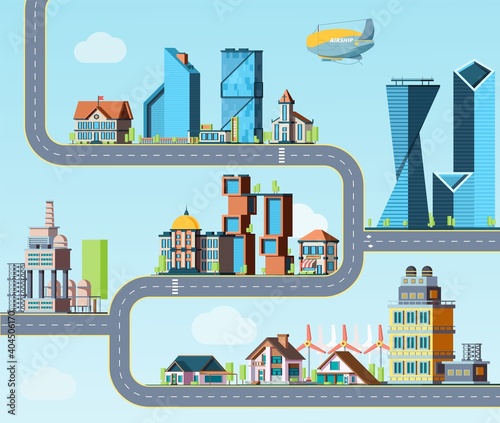 Kids road map. Top view highway with downtows, eco factory different flat buildings vector illustration. Top view road, factory and skyscraper