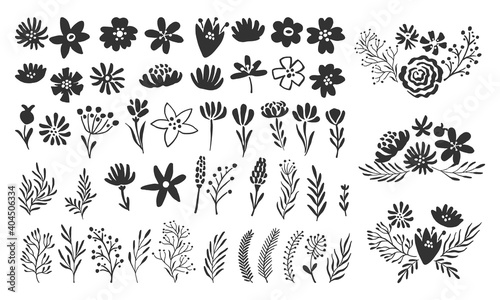 Scandinavian flower elements. Scandi style doodle plants, leaves flowers and branches vector set. Illustration branch plant and flower silhouette photo