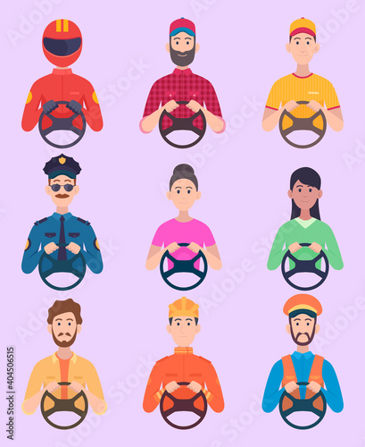 Drivers. Avatars people holding driving wheel racing helmet bus and taxi drivers traffic characters exact vector persons. Illustration person driver, automobile car transport, auto traffic