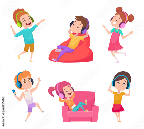 Kids listen music. Children leisure enjoying sound happy lazy teens exact vector cartoon illustrations. Child leisure music sound