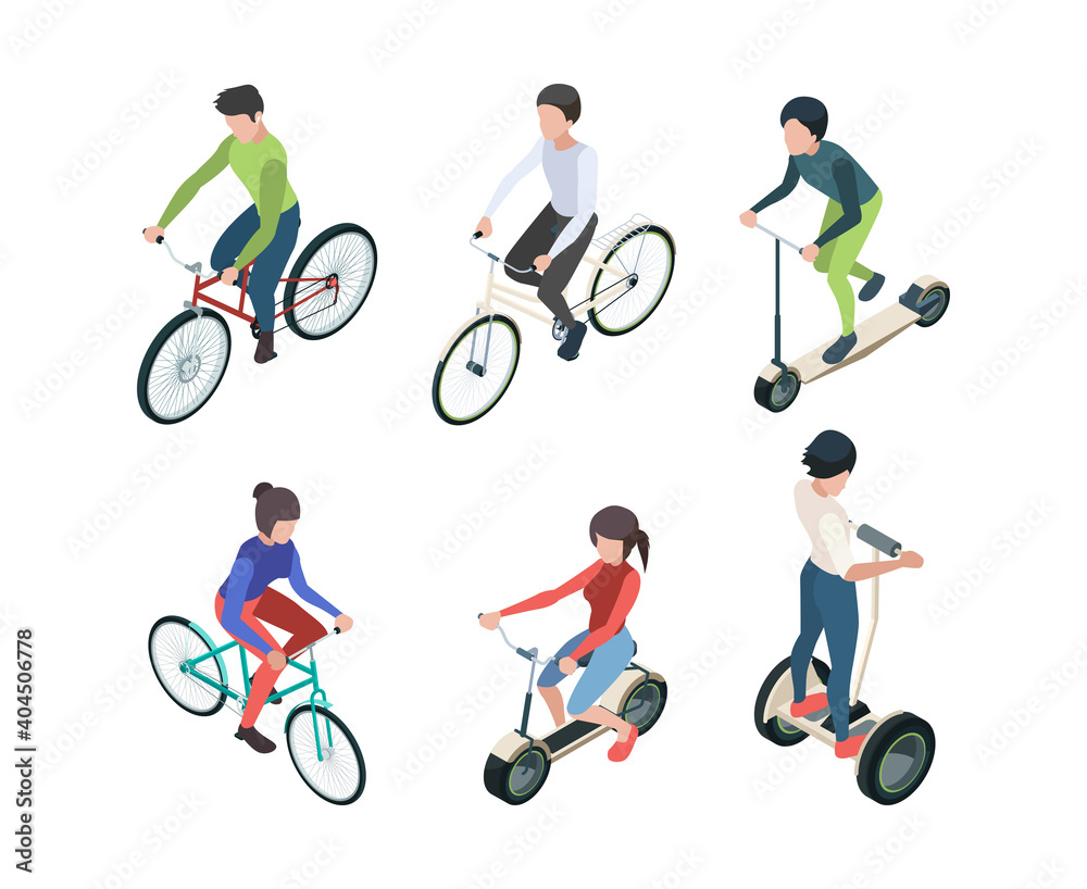 Bike people isometric. Persons riding bicycles fitness outdoor activities garish vector transport illustrations. Healthy training, childhood bicycle isometric