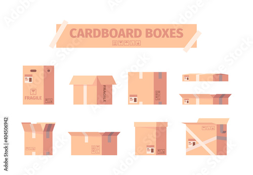 Cardboard boxes. Delivery packages shipping container symbols garish vector illustrations collection. Container and shipping box, cardboard delivery storage