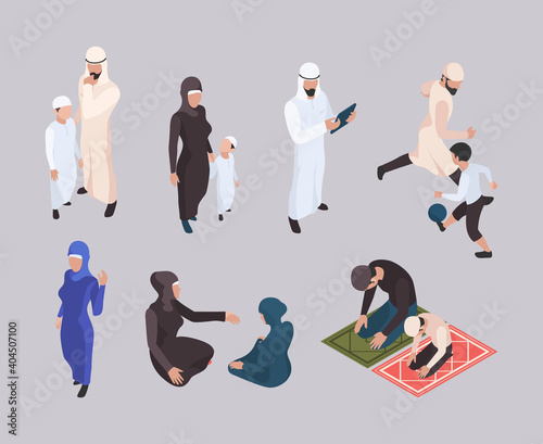 Arab family. Isometric east people in hijab traditional muslim clothes garish vector persons. Muslim arab traditional praying, isometric man and woman illustration