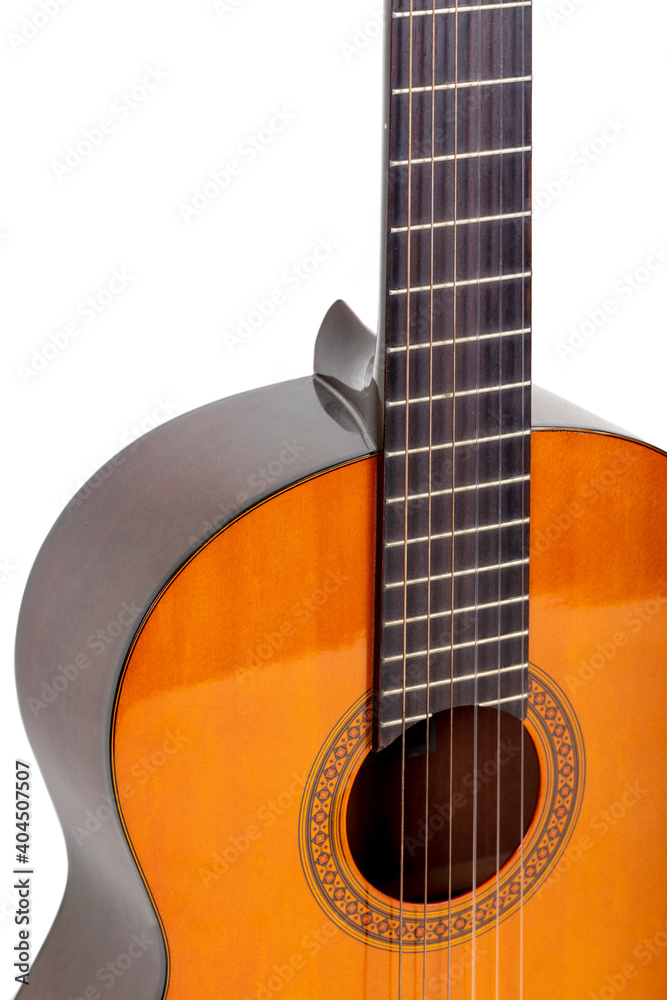 Beautiful wooden guitar on white background