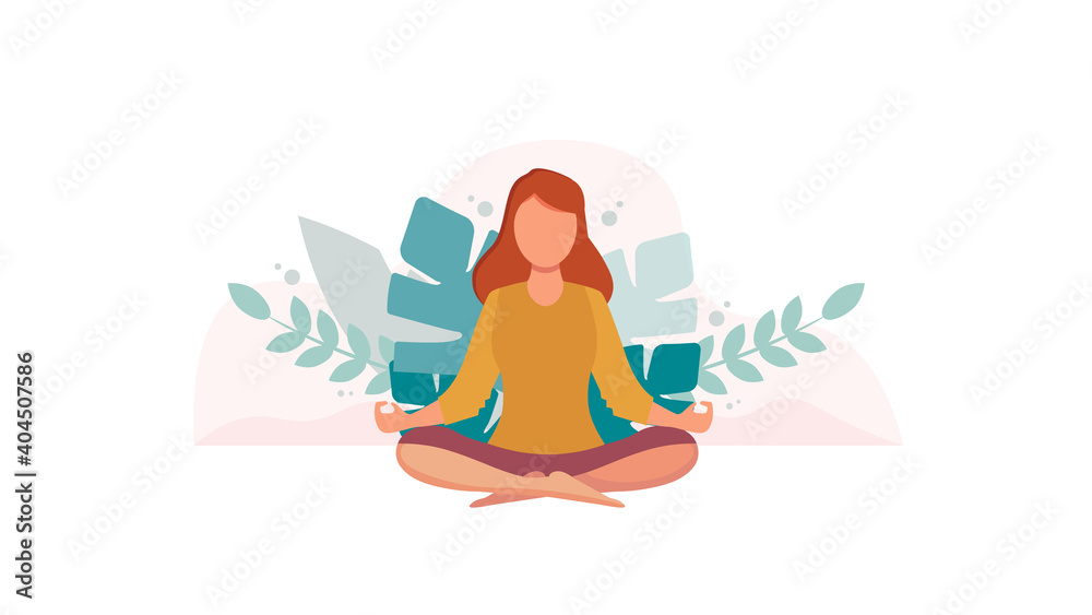 Young girl in the lotus pose meditating and practicing yoga. Flat style vector illustration