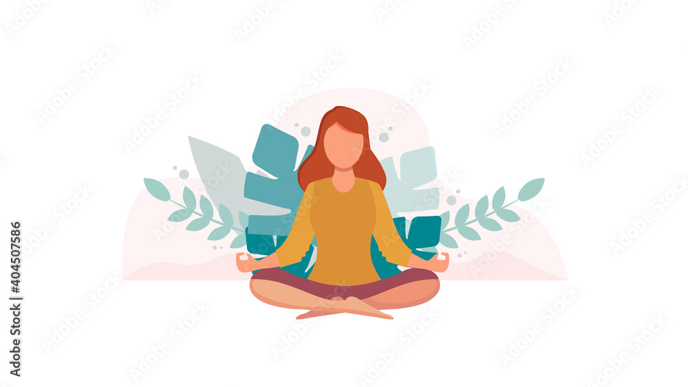 Young girl in the lotus pose meditating and practicing yoga. Flat style vector illustration Young girl in the lotus pose meditating and practicing yoga. Flat style vector illustration