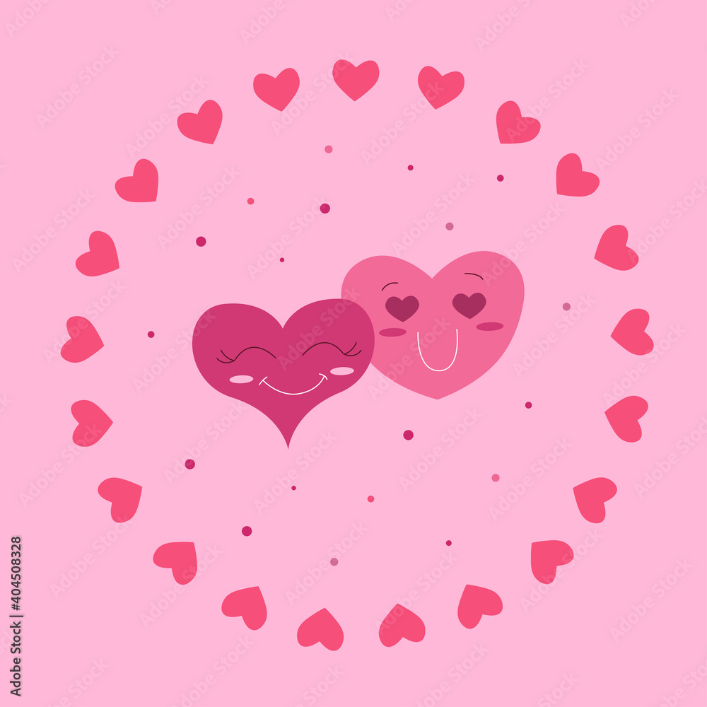 Cute hearts are smiling. Postcard for Valentines day. Happy faces. Small pink hearts in the form of a circle Vector illustration.