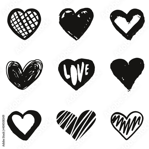 Set of hand drawn heart. Handdrawn rough marker hearts isolated on white background.