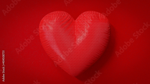 Red heart made of rough cloth on red background. 3D Render.