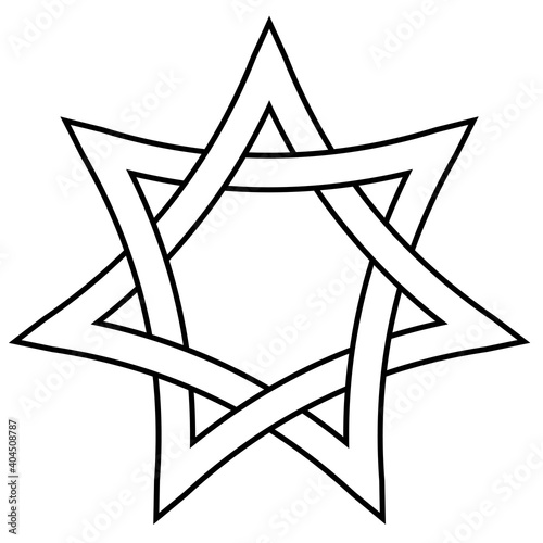 seven pointed star with braided sides, vector star david weave icon in outline style