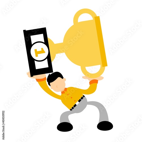 businessman worker pick trophy win champion cartoon doodle flat design style vector illustration 