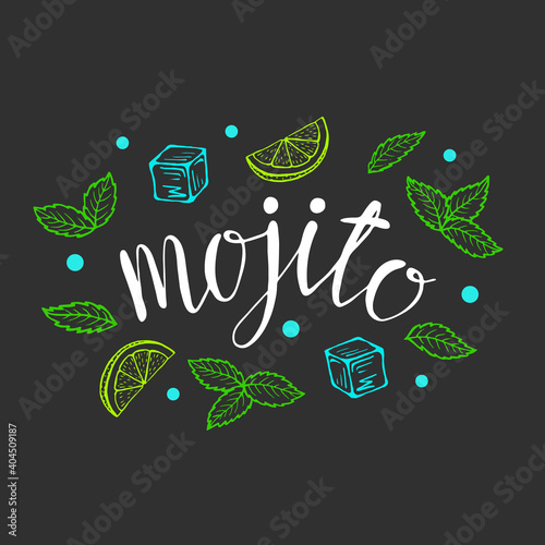 Lettering Mojito classic cocktail hand drawn vector illustration. with ice and a slice of lime and mint leaves, for cocktail cards. Homemade mojito lettering, isolated vector illustration