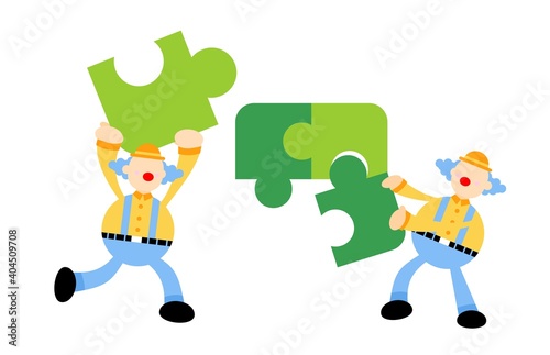 happy clown and play green puzzle teamwork cartoon doodle flat design style vector illustration