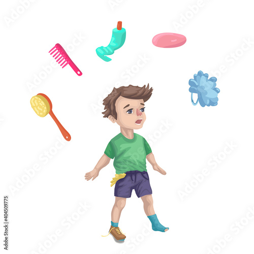 Dirty boy, learning to wash, the unkempt sloppy child, soap and washcloths around, will taking a shower. Children's vector flat cartoon illustration