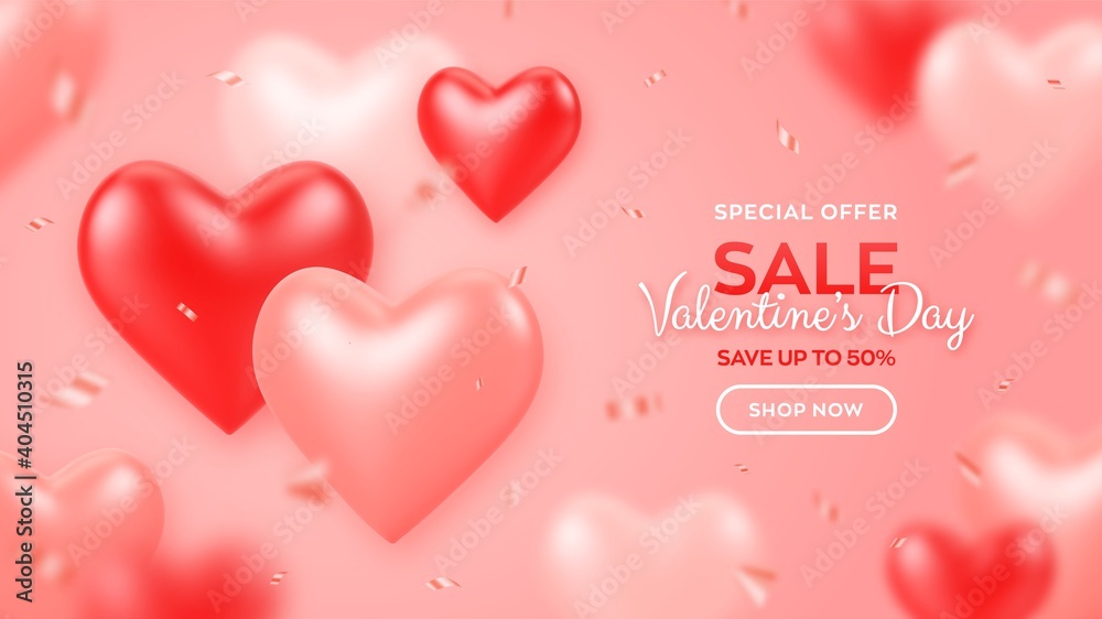 Happy Valentine's Day. Valentines day sale banner with red and pink balloons 3d hearts and confetti. Background, wallpaper, flyer, invitation, poster, brochure, greeting card. Vector illustration.