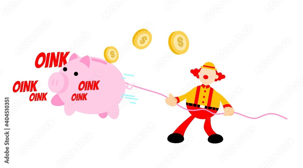 happy clown and pig bank money dollar economy finance cartoon doodle vector illustration flat design style