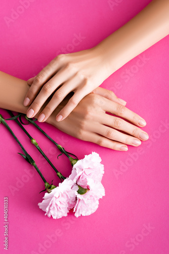 top view of female hands with glossy manicure near carnation flowers on pink background © LIGHTFIELD STUDIOS
