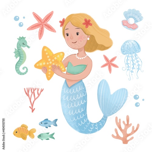 Cute mermaid with a starfish