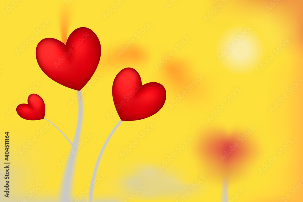 Heart flowers on yellow background. Design greeting card on Valentine's Day. St.Valentine's Day Wallpaper. Raster illustration of red hearts