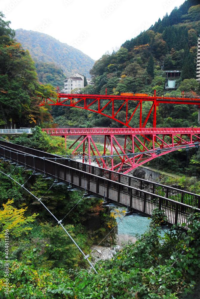 紅葉の黒部峡谷・宇奈月の赤い鉄橋と観光トロッコ列車