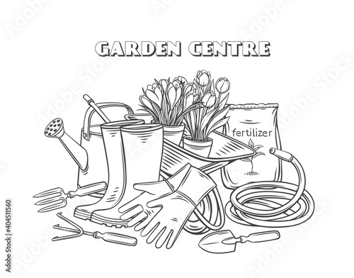 Gardening tools vector outline banner