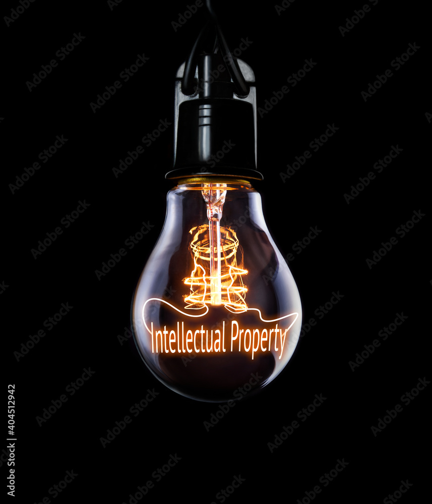An intellectual Property law concept to protect against creative copyright infringement inside a lit lightbulb on a black background.