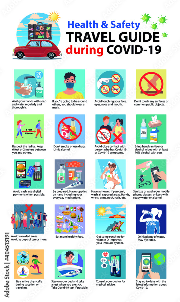 Health and safety Travel Guide during and post Covid-19 vector illustrator.