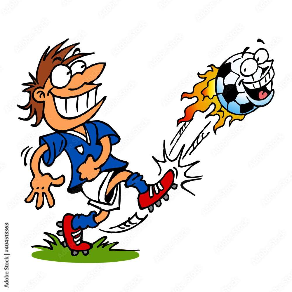 Soccer player kicking ball with face flying with flames around, sport joke, color cartoon