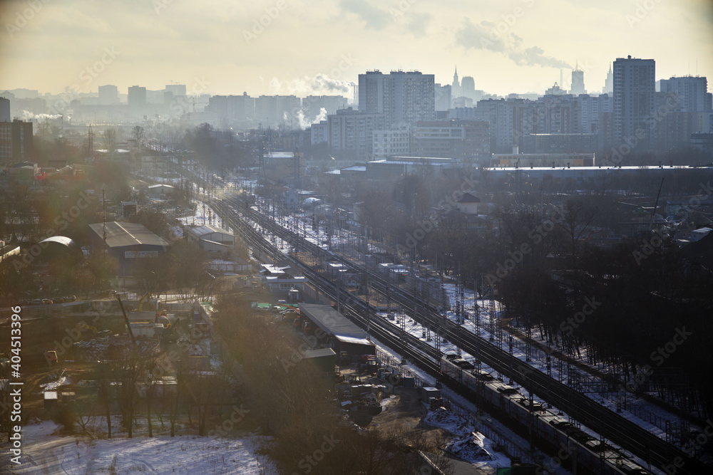 Industrial cityscape. Moscow on a sunny frosty day. Moscow, Russia.