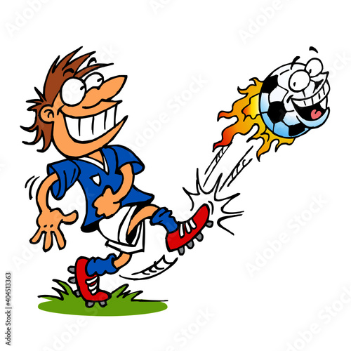 Soccer player kicking ball with face flying with flames around, sport joke, color cartoon