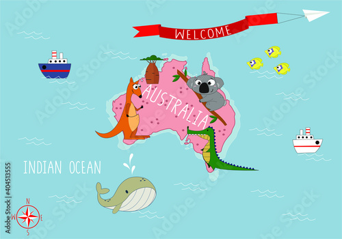 Australia cartoon map. Children poster with animals. 