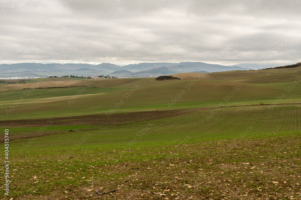 Paesaggio visto da un sentiero del cammino di santiago della campagna, durante una giornata nuvolosa Paesaggio visto da un sentiero del cammino di santiago della campagna, durante una giornata nuvolosa