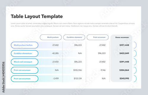 Modern business table layout template with the total sum column and place for your content. Flat design, easy to use for your website or presentation.