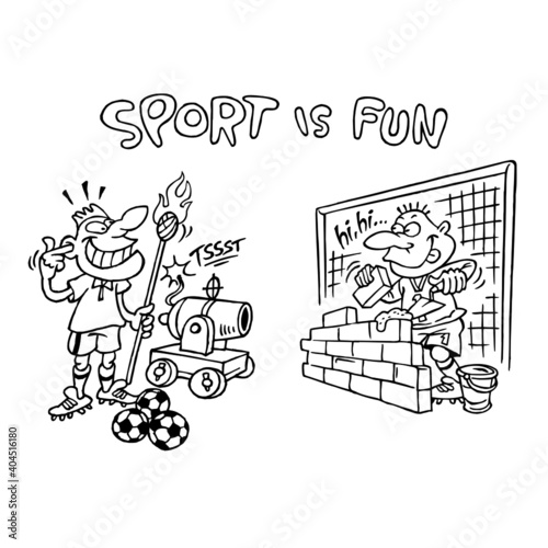 Soccer player shoots a ball from a cannon at a goalkeeper who builds a brick wall in front of his goal, sport is fun, black and white cartoon
