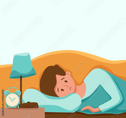 Sleepy awake man in bed suffers from insomnia. Vector illustration of tired exhausted sad guy insomniac