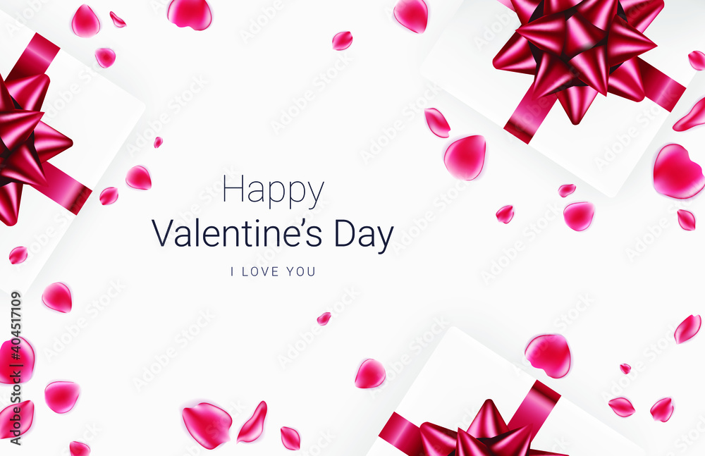 Valentines day festive background. Realistic gift boxes with red bow and red rose petals on gray background. Vector illustration. Valentines day festive background. Realistic gift boxes with red bow and red rose petals on gray background. Vector illustration.