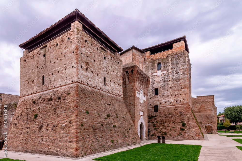 The Castel Sismondo in the historic center of Rimini, Italy, under a dramatic sky