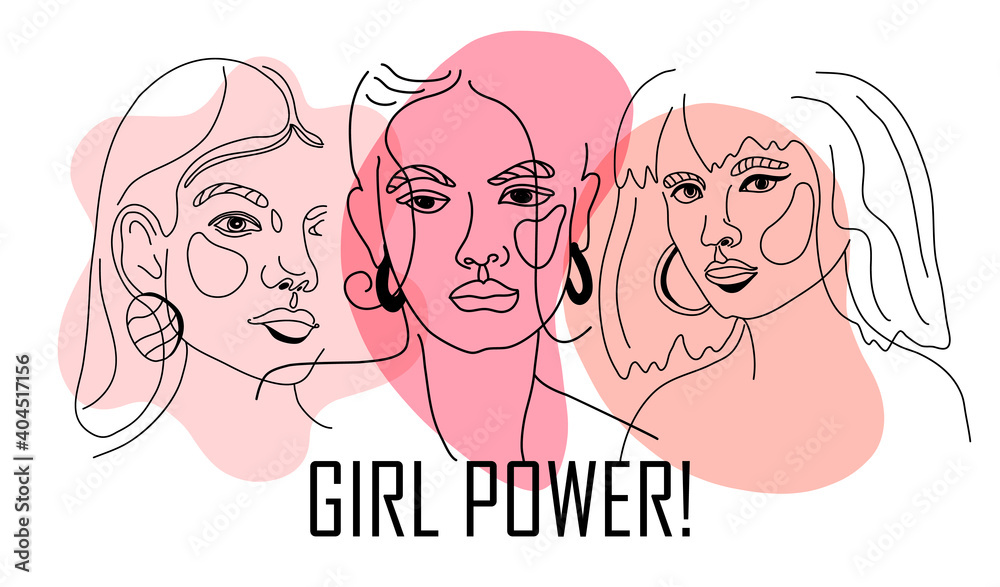 Girl power, empowered women, international feminism ideas poster concept. Linear trend illustration of women s faces in trendy style. Women Rights and diversity vector illustration. Girl power, empowered women, international feminism ideas poster concept. Linear trend illustration of women s faces in trendy style. Women Rights and diversity vector illustration.
