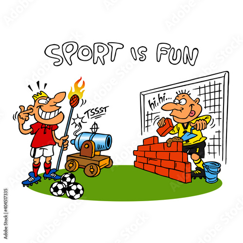 Soccer player shoots a ball from a cannon at a goalkeeper who builds a brick wall in front of his goal, sport is fun, color cartoon