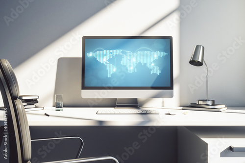 Abstract creative world map with connections on modern laptop screen, international trading concept. 3D Rendering