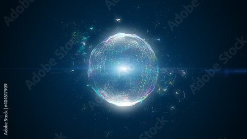 Abstract geometric background with moving lines, dots and triangles dancing. Sphere, globe and space of a plexus. 3D Rendering.