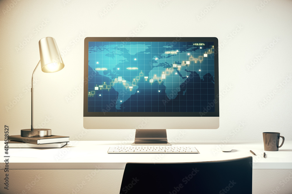 Modern computer display with abstract financial graph with world map, financial and trading concept. 3D Rendering Modern computer display with abstract financial graph with world map, financial and trading concept. 3D Rendering